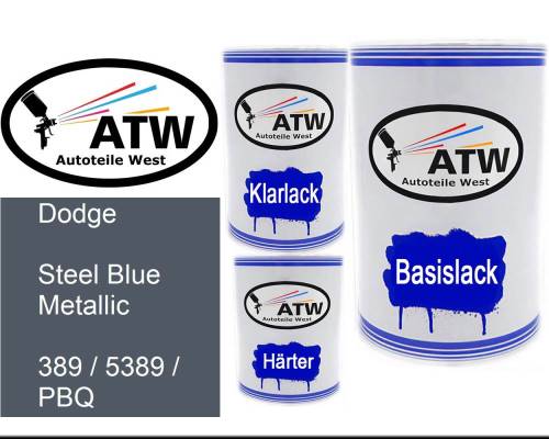 Dodge, Steel Blue Metallic, 389 / 5389 / PBQ: 500ml Lackdose + 500ml Klarlack + 250ml Härter - Set, von ATW Autoteile West.